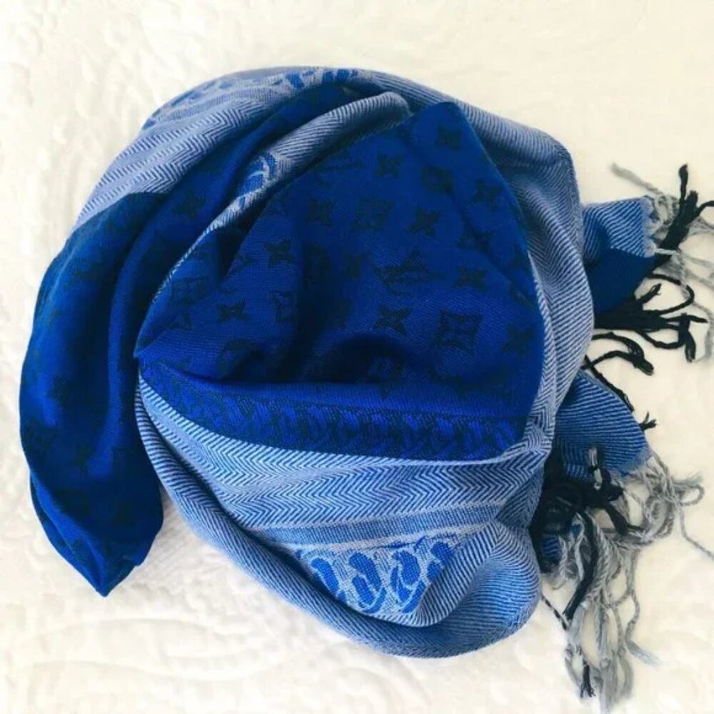 ✨Luxe Very Large LV Louis Vuitton Light + Dark Blue Wool Scarf Wrap Huge 28x75"✨